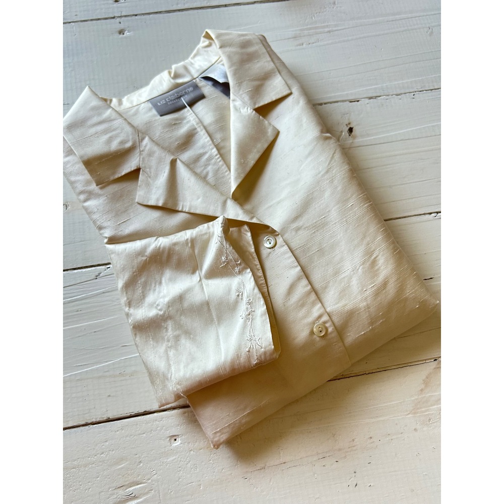 Liz‎ Claiborne Collection Women 12 Cream 100% Raw Silk Embroidered Blouse Shirt